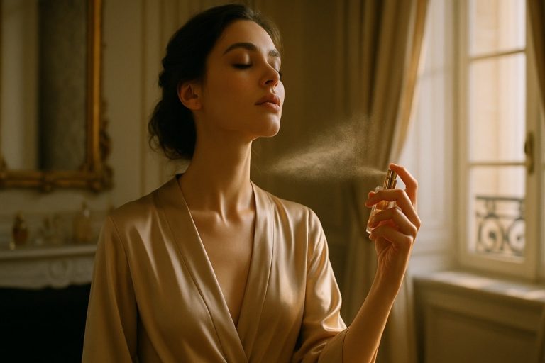 Femme parfumée dans une chambre élégante.