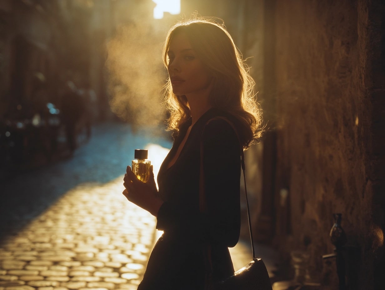 Femme avec parfum au coucher du soleil