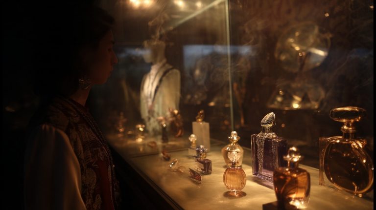 Vitrine de bouteilles de parfum éclairées.
