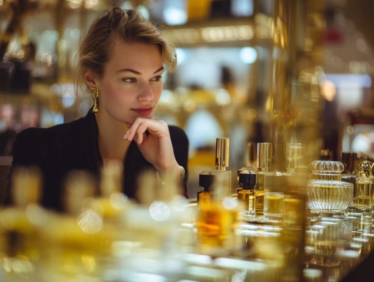 Femme regardant des bouteilles de parfum exposées.