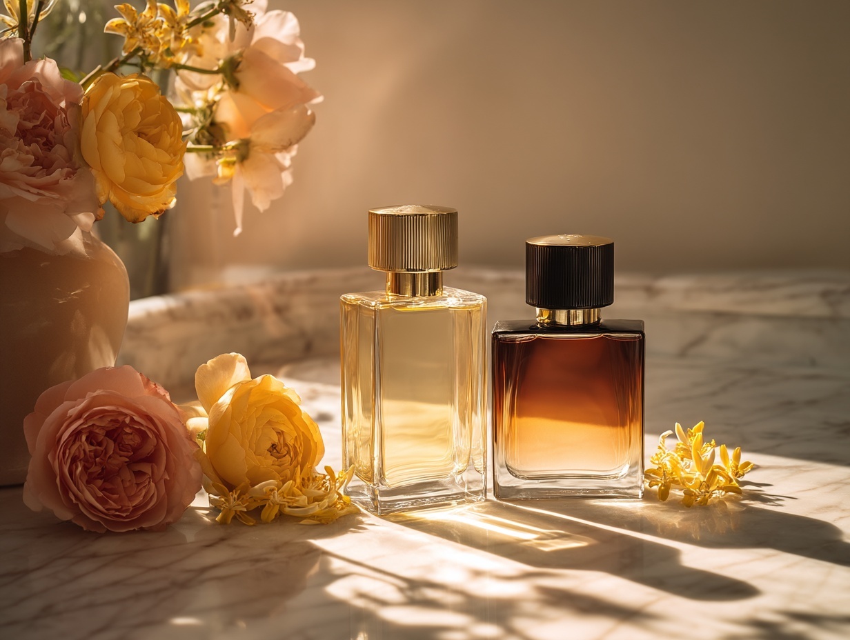 Bouteilles de parfum avec fleurs sur marbre
