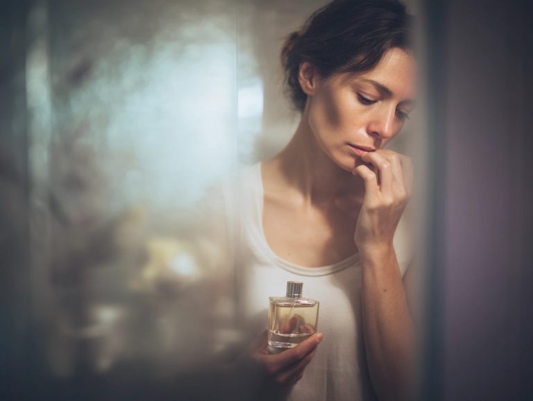 Femme pensant, tenant un flacon de parfum.