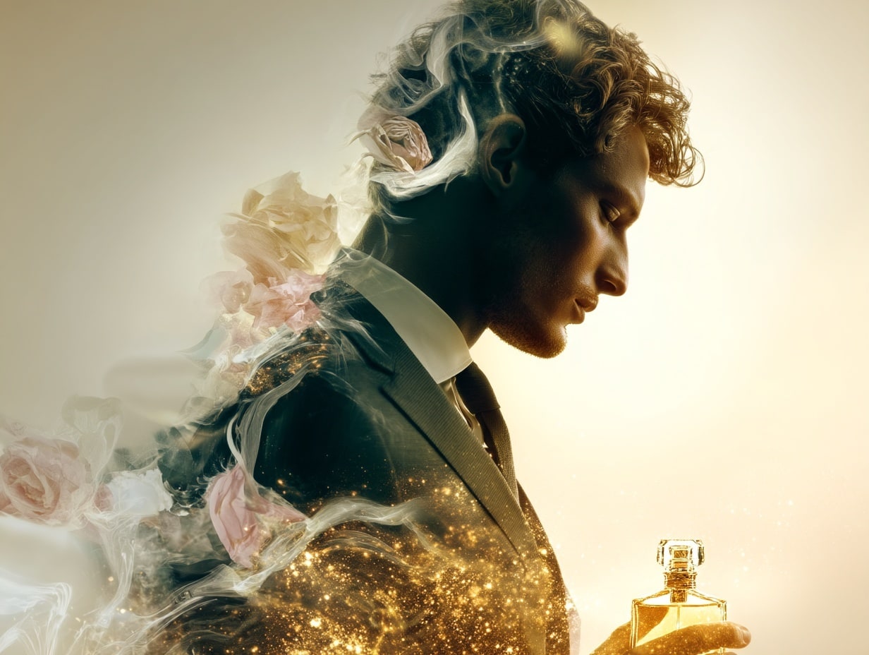 Homme avec flacon parfum et effets lumineux.