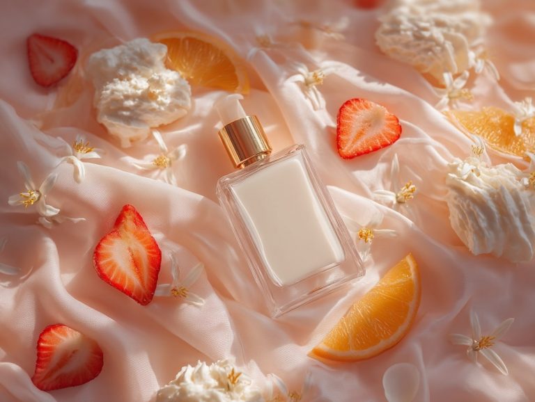 Parfum sur tissu avec fruits et fleurs.