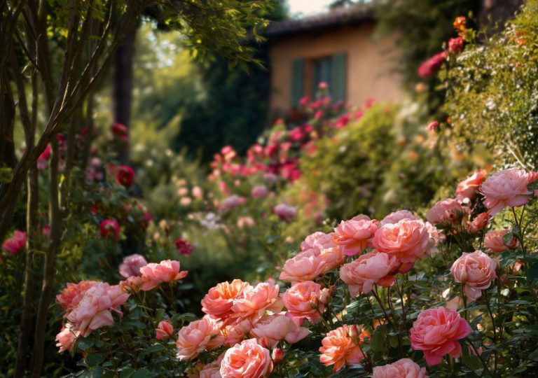 Roses roses dans un jardin fleuri et verdoyant.