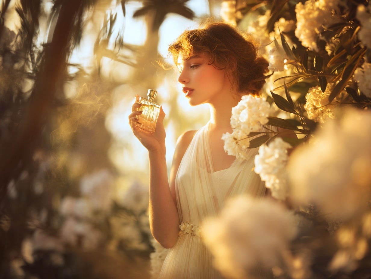 Femme parfumée parmi fleurs ensoleillées.