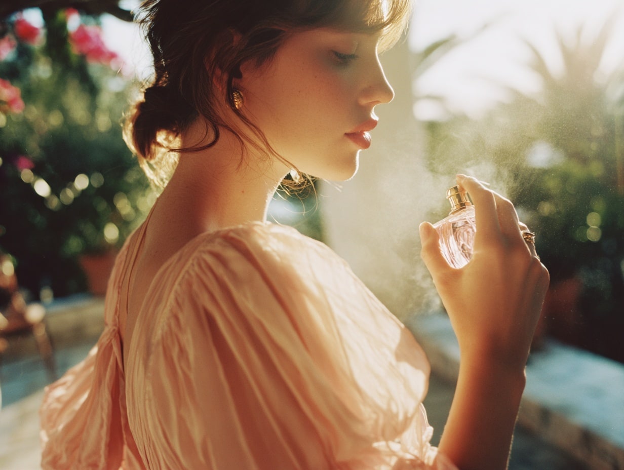 Femme vaporisant du parfum, lumière douce.