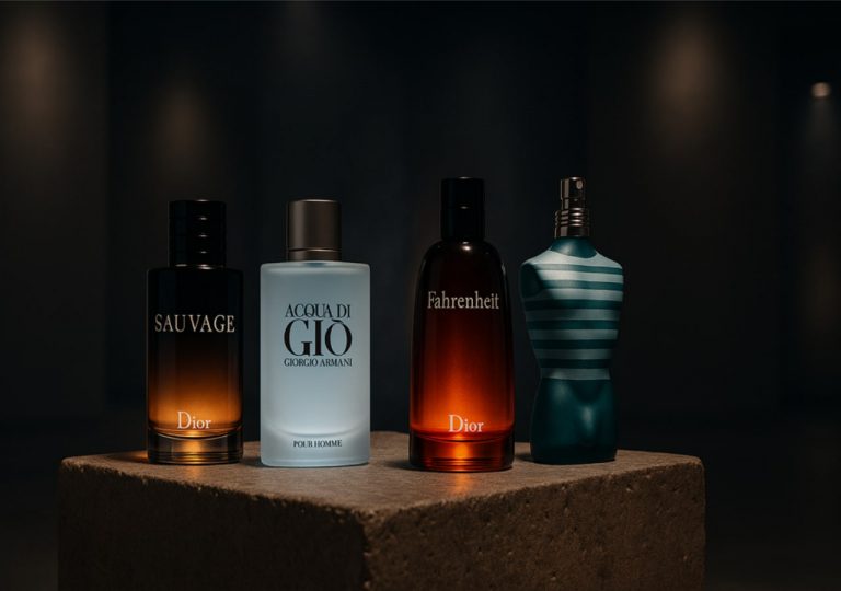 Quatre bouteilles de parfum sur un fond sombre.