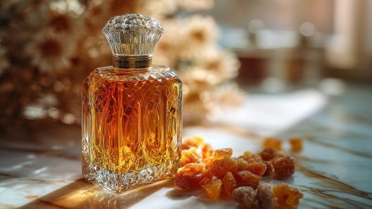 Flacon de parfum avec résine dorée, fond floral.