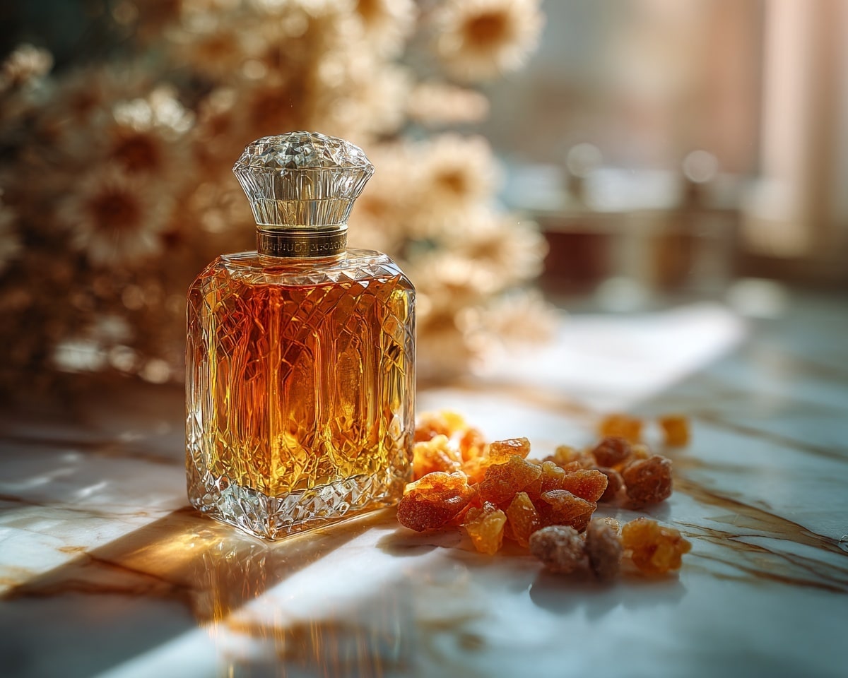 Flacon de parfum avec résine dorée, fond floral.