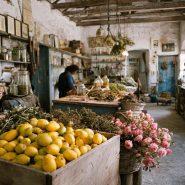 Échoppe rustique remplie de citrons et fleurs roses.