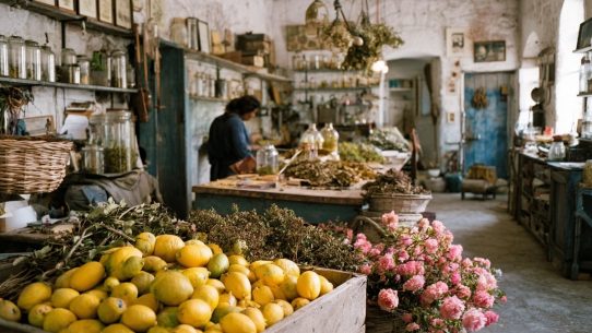 Échoppe rustique remplie de citrons et fleurs roses.