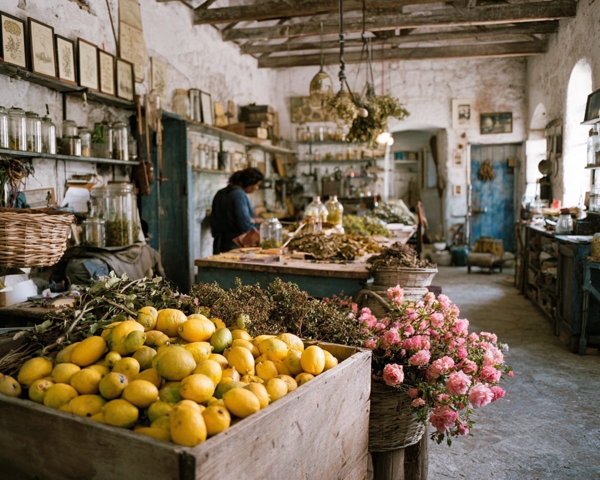 Échoppe rustique remplie de citrons et fleurs roses.