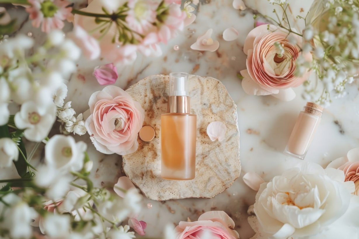 Flacon cosmétique entouré de fleurs roses et blanches.