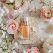 Flacon cosmétique entouré de fleurs roses et blanches.