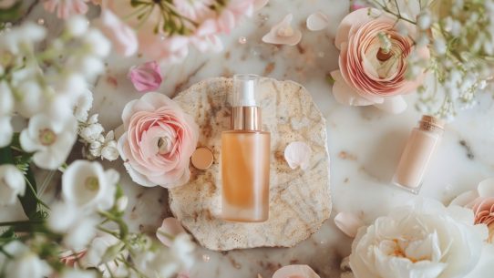 Flacon cosmétique entouré de fleurs roses et blanches.