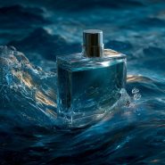 Flacon de parfum entouré d'eau agitée.