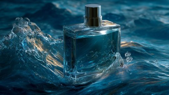 Flacon de parfum entouré d'eau agitée.