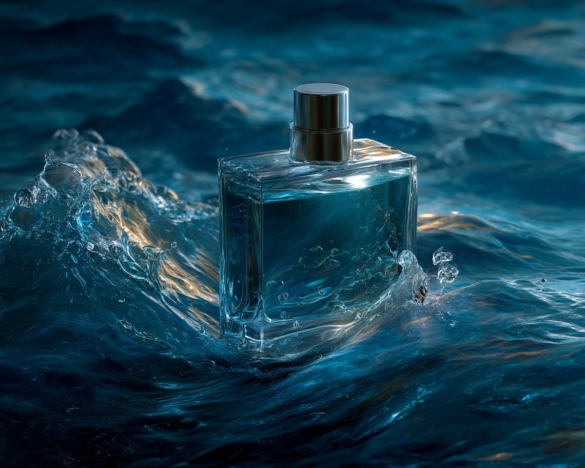 Flacon de parfum entouré d'eau agitée.