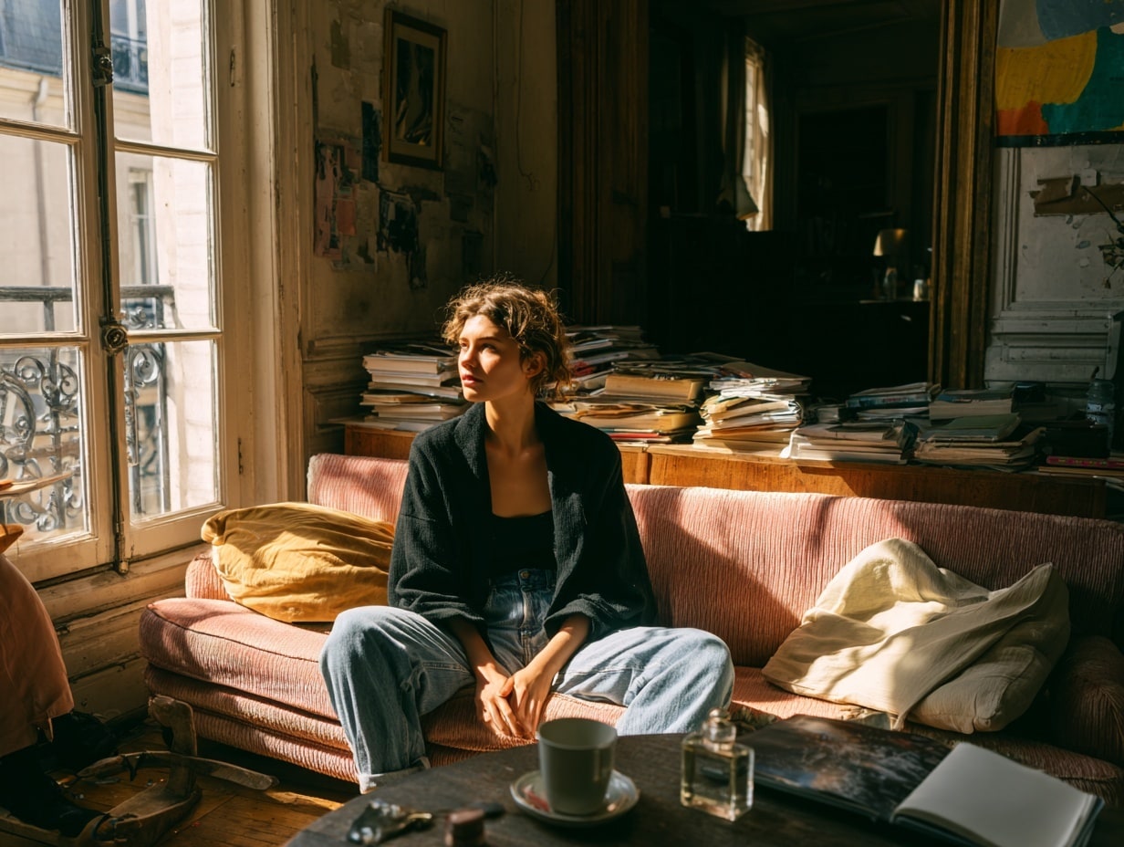 Personne assise sur un canapé, lumière naturelle.