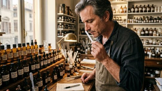Homme créant des parfums dans son atelier.