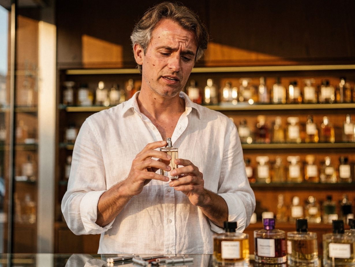 Homme tenant un flacon de parfum