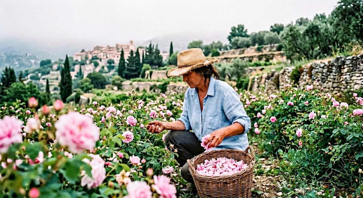 Cueilleuse de roses de mai dans les terrasses de Grasse à l'aube — récolte traditionnelle des Rosa centifolia