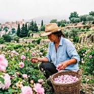 Cueilleuse de roses de mai dans les terrasses de Grasse à l'aube — récolte traditionnelle des Rosa centifolia