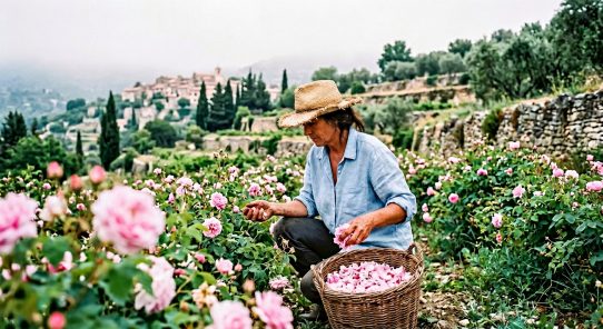 Cueilleuse de roses de mai dans les terrasses de Grasse à l'aube — récolte traditionnelle des Rosa centifolia