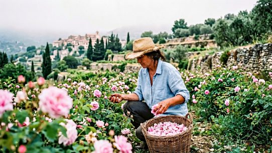 Cueilleuse de roses de mai dans les terrasses de Grasse à l'aube — récolte traditionnelle des Rosa centifolia