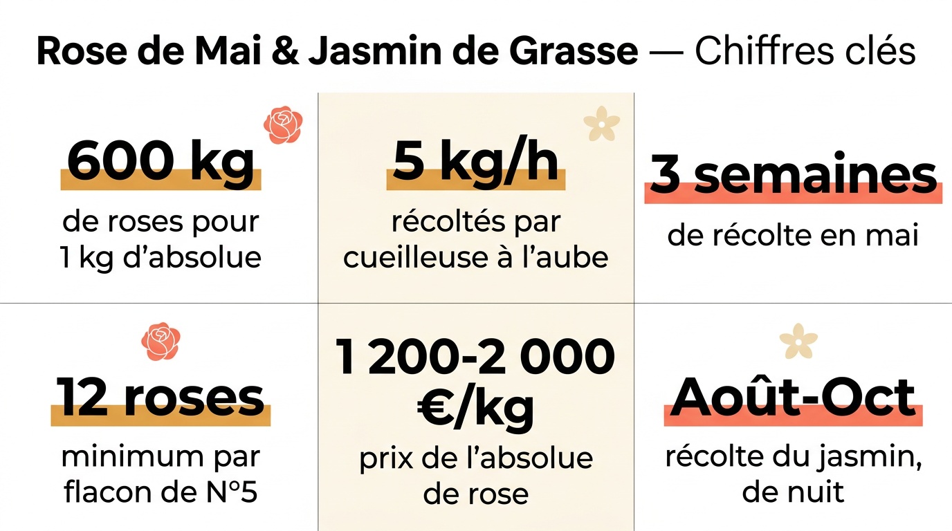Infographie chiffres clés : rose de mai et jasmin de Grasse