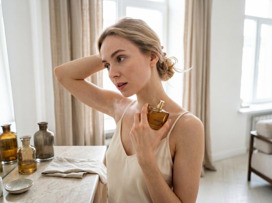 Femme appliquant du parfum dans une pièce lumineuse