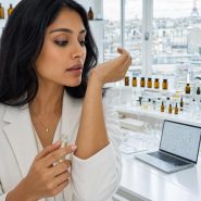 Femme testant un parfum en laboratoire moderne