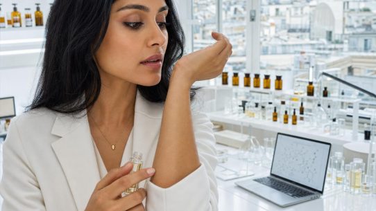 Femme testant un parfum en laboratoire moderne