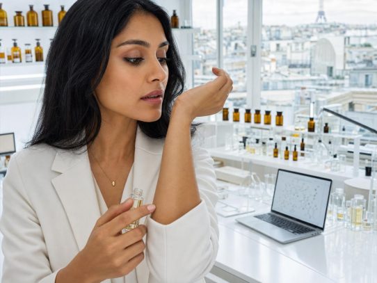 Femme testant un parfum en laboratoire moderne