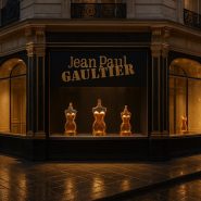 Vitrine Jean Paul Gaultier illuminée la nuit