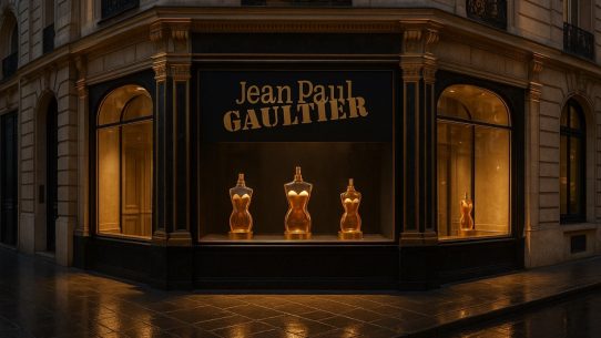 Vitrine Jean Paul Gaultier illuminée la nuit