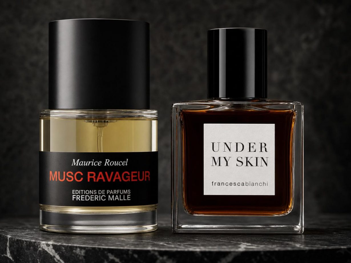 Deux flacons de parfum de luxe sur marbre