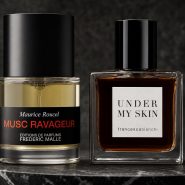 Deux flacons de parfum de luxe sur marbre