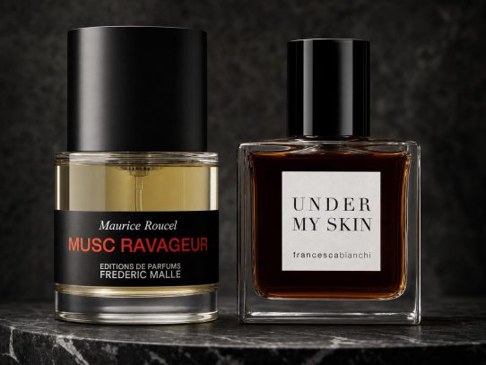 Deux flacons de parfum de luxe sur marbre