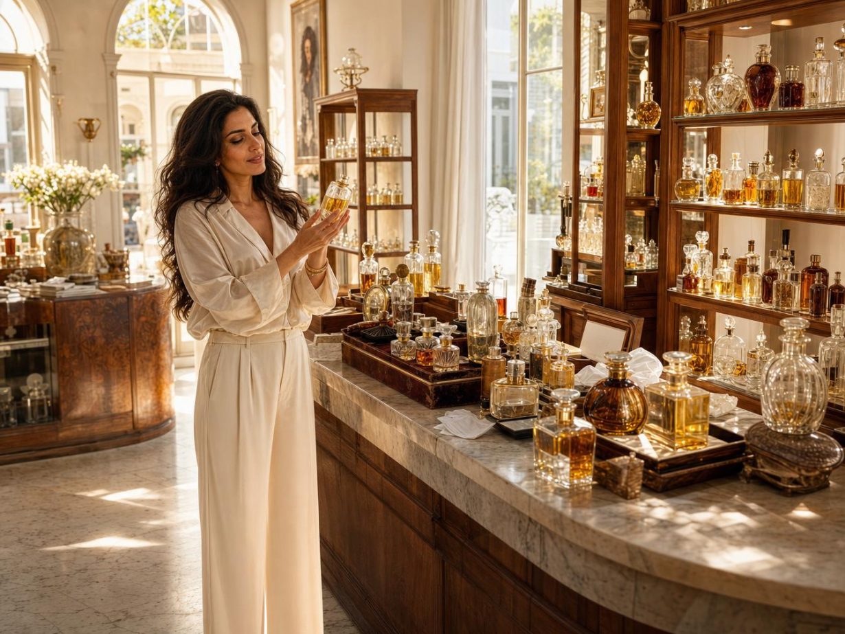 Femme examinant un flacon de parfum en boutique