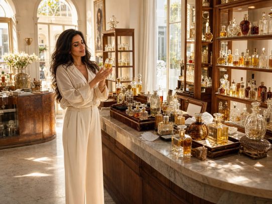 Femme examinant un flacon de parfum en boutique