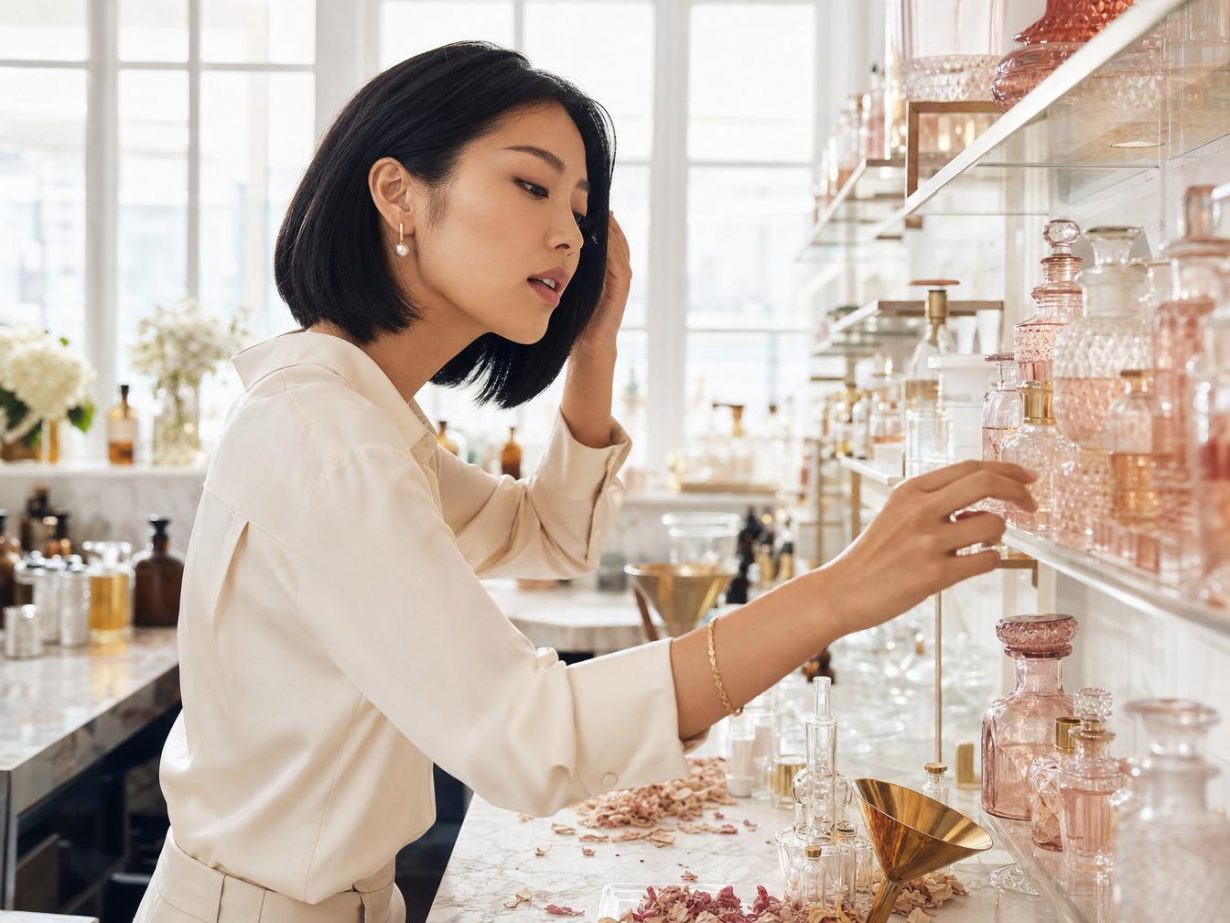 Femme choisissant un flacon de parfum rose