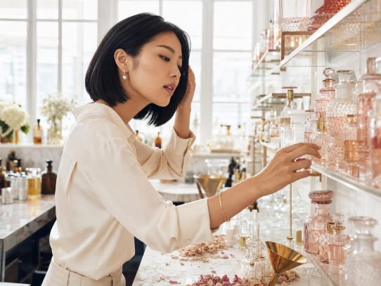 Femme choisissant un flacon de parfum rose