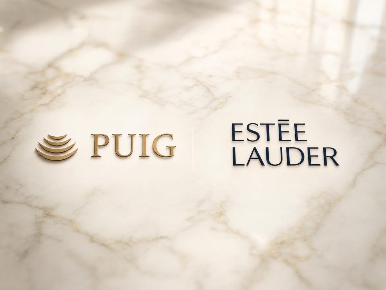 Logos Puig et Estée Lauder sur marbre