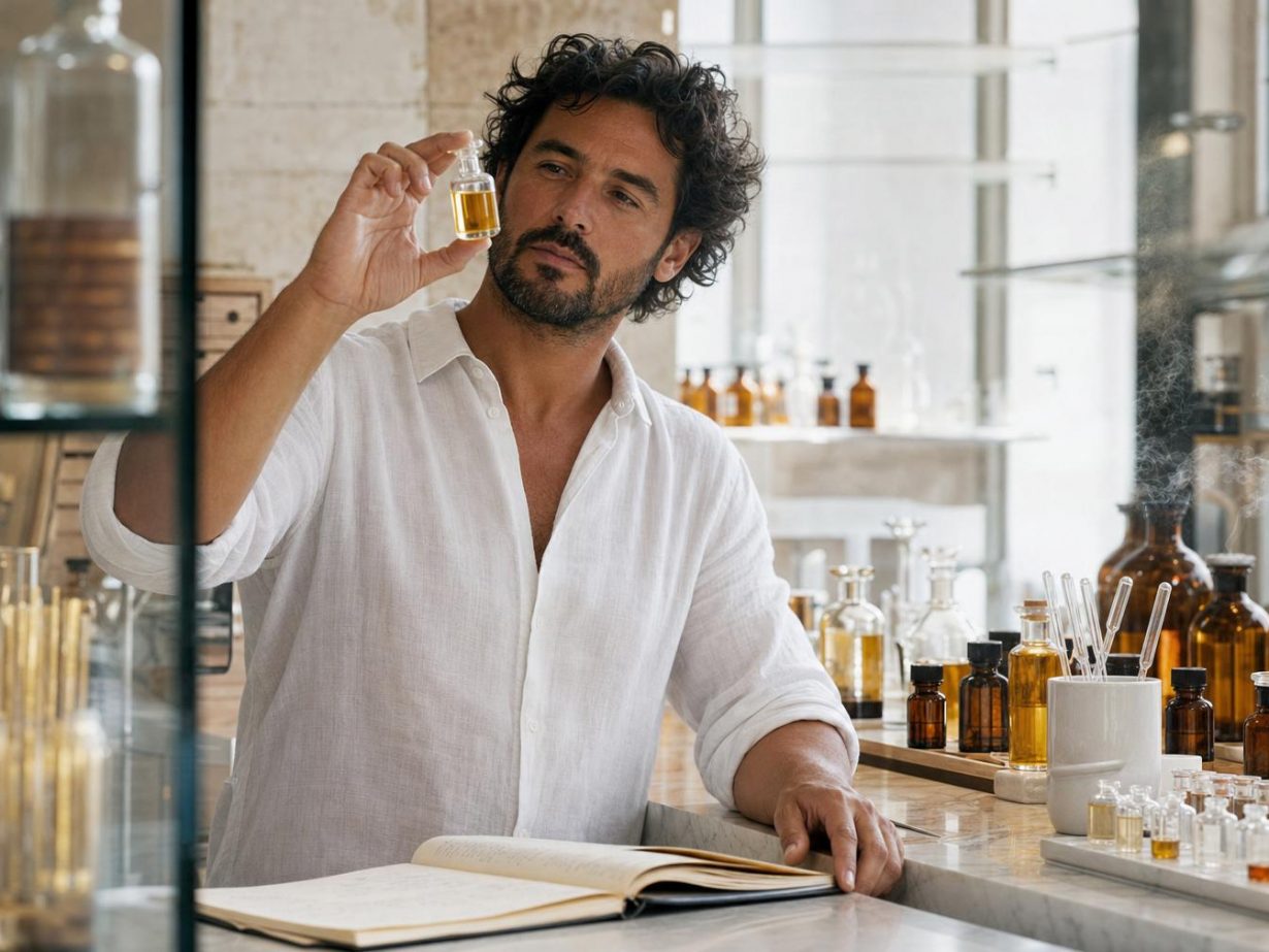 Parfumeur en laboratoire olfactif tenant un flacon de parfum de niche, comptoir avec flacons ambre et verre, lumière naturelle