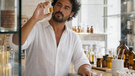 Parfumeur en laboratoire olfactif tenant un flacon de parfum de niche, comptoir avec flacons ambre et verre, lumière naturelle