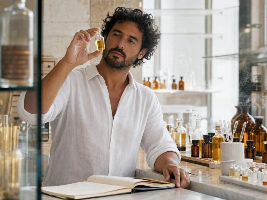 Parfumeur en laboratoire olfactif tenant un flacon de parfum de niche, comptoir avec flacons ambre et verre, lumière naturelle