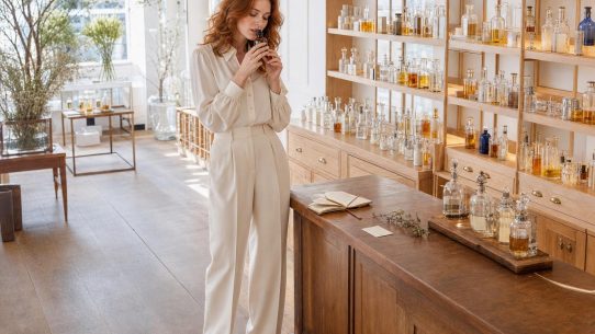 Femme testant un parfum dans une boutique lumineuse