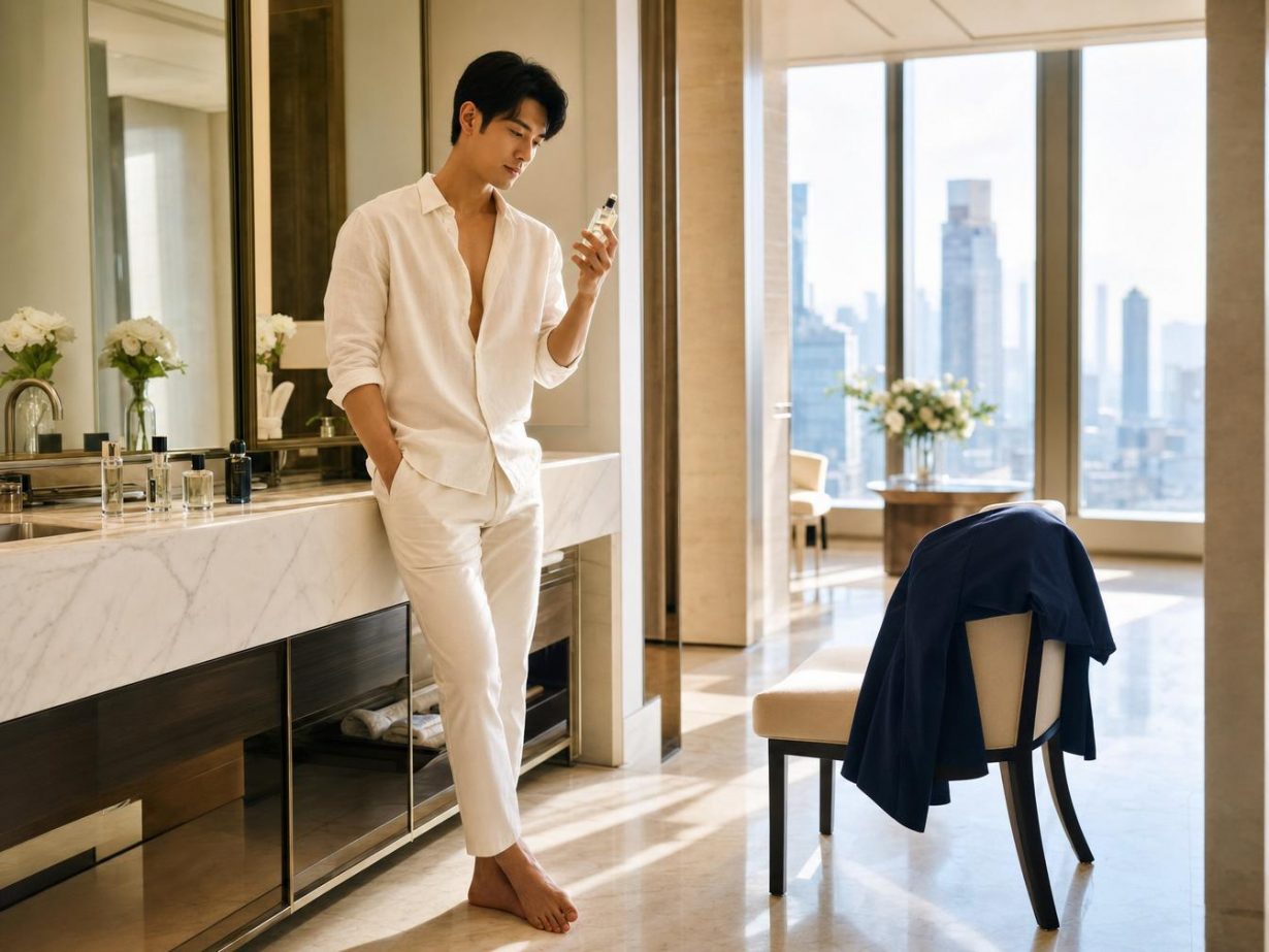 Homme testant un parfum dans un appartement lumineux avant un premier rendez-vous